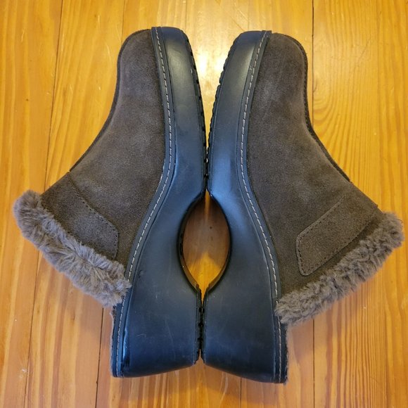 Crocs 9 Brown Leather Clogs Mules Chunky Heels Slip On Faux Fur Lined COBBLER EV - Picture 8 of 8